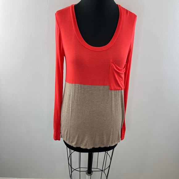 ANTHROPOLOGIE BORDEAUX Orange Brown Colorblock Long Sleeve Tee with Pocket S M ? - Picture 2 of 10